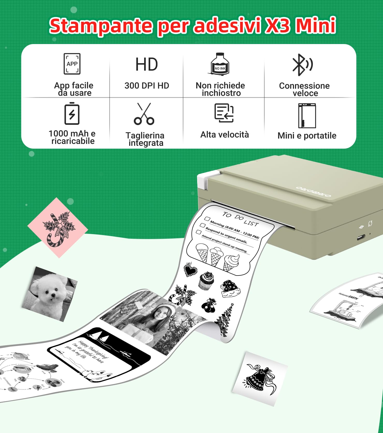 ORGBRO X3 Stampante Termica Bluetooth, Mini Stampante Portatile Senza Fili per Casa/Ufficio/Viaggi, Appunti, Foto, Etichette, Planner, 300DPI Stampante Adesivi per Smartphone-iOS/Android (Verde oliva)