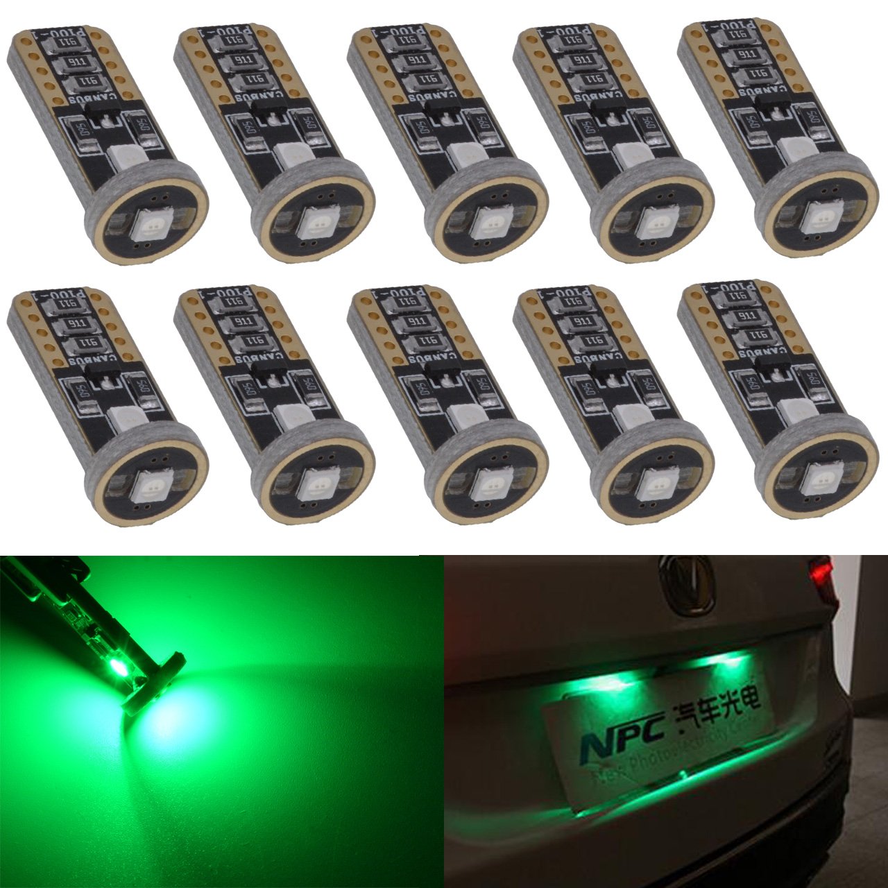 KATUR T10 Canbus Bombillas LED verdes para coche, T10, W5W, 3, SMD 5050, superbrillantes, 194, 168, 175, 192, 2825, luces LED de cuña, fuente de repuesto, bombillas laterales para interiores (100