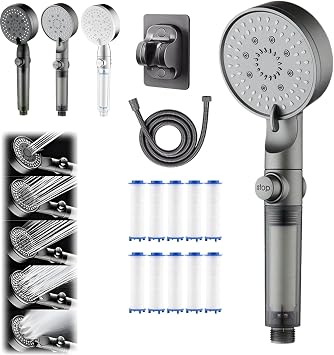 HydroBoost High Pressure 5 - Mode Filtered Shower Head, Universal G1/2  Connector, Filtered Shower Head with Handheld, Built-in Power Wash for Hard Water, Tool-Free Installation Gray