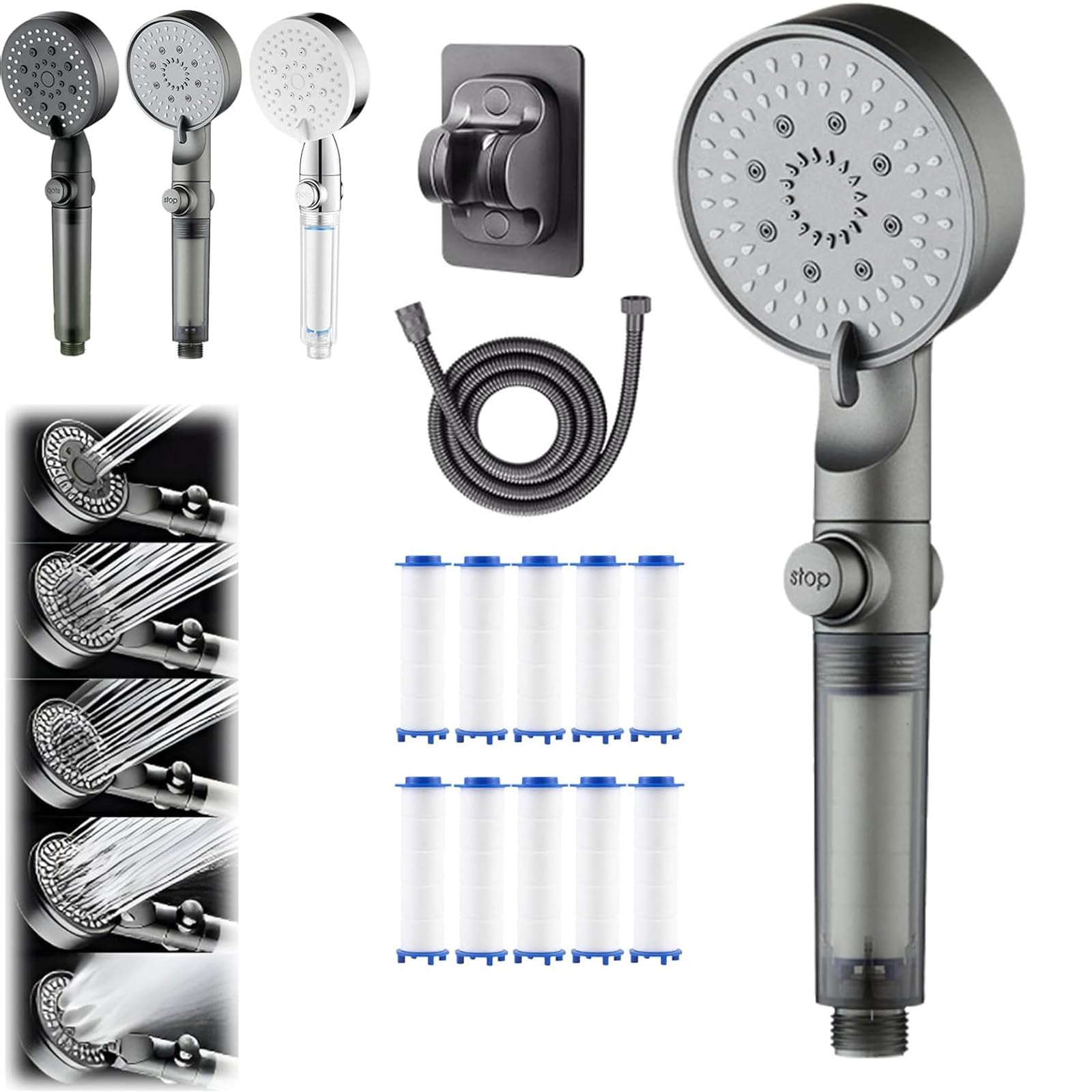 HydroBoost High Pressure 5 - Mode Filtered Shower Head, Universal G1/2” Connector, Filtered Shower Head with Handheld, Built-in Power Wash for Hard Water, Tool-Free Installation (Gray)