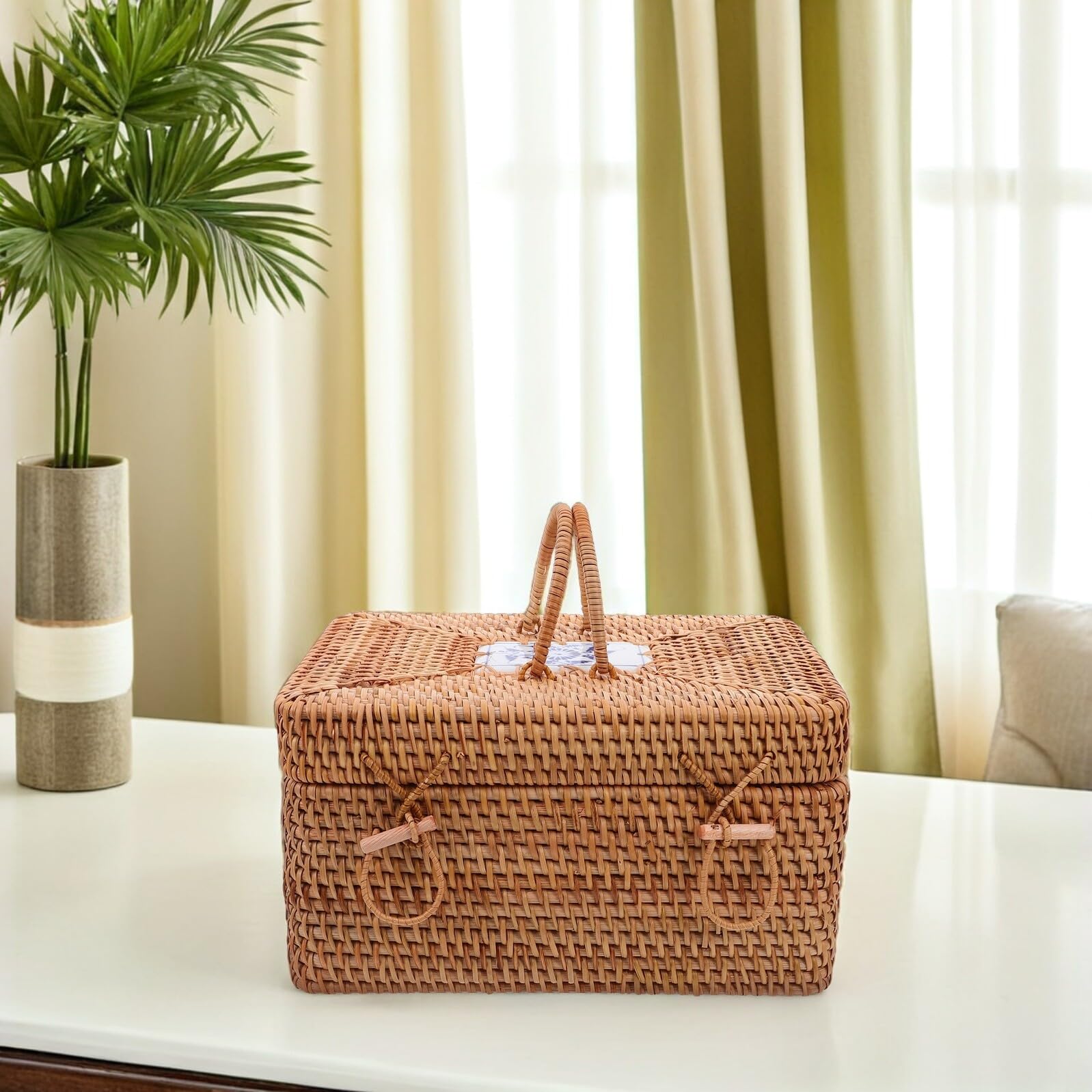Cesto da Picnic in Rattan Intrecciato con Manico Porta Snack e Frutta Scatola di Stoccaggio Boho in Stile Country Contenitore Spazioso per Campeggio e Feste all Aperto Elegante
