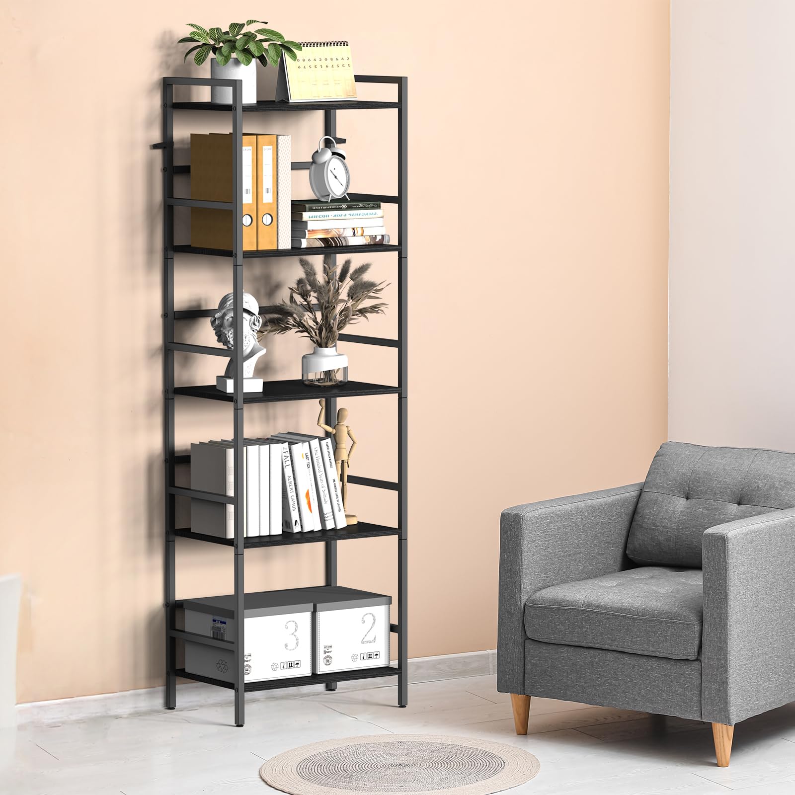 CADUKE Estantería de 5 Niveles, Gran Librero Negro con Almacenamiento Abierto, Estructura de Madera y Metal, Estante de Estilo Industrial para Sala, Dormitorio, Oficina, 43 x 28 x 134 cm