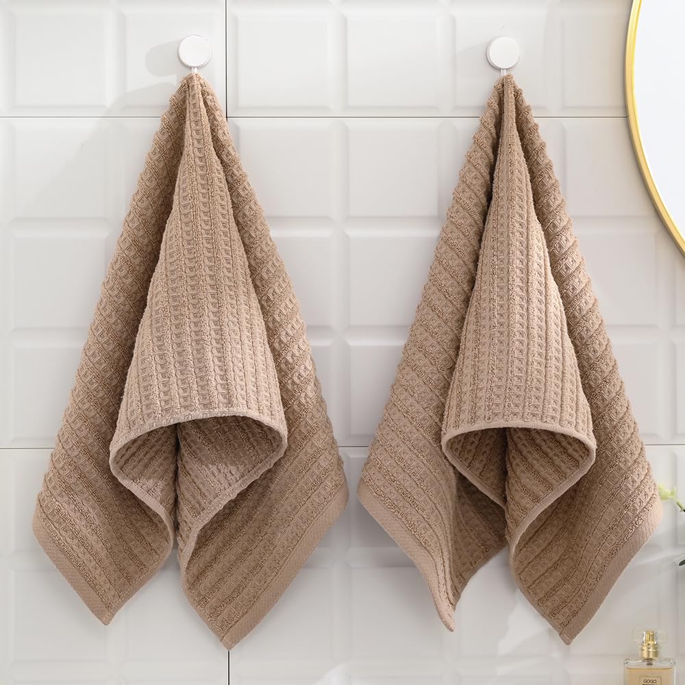 sense gnosis Brown Hand Towel Set of 2 Waffle with Terry Striped Pattern 100% Cotton Ultra Soft Absorbent Towels for Bathroom Kitchen Home 13 x 29 Inch - Image 4
