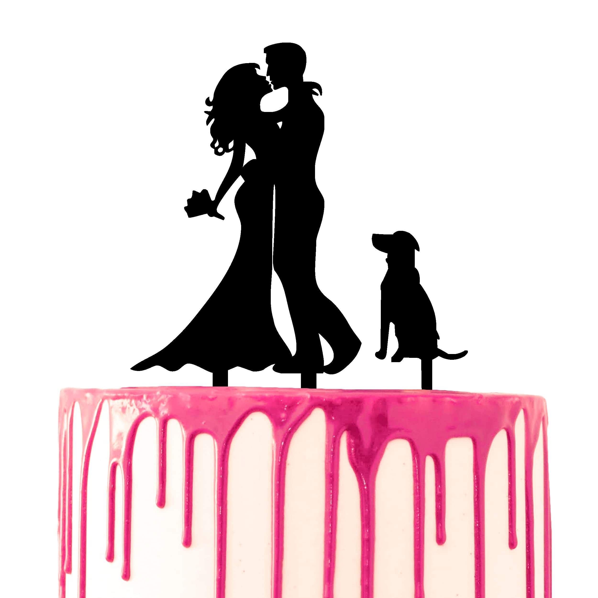 CARISPIBET wedding cake topper bride & groom hugging with bride holding flower bouquet and dog acrylic silhouette