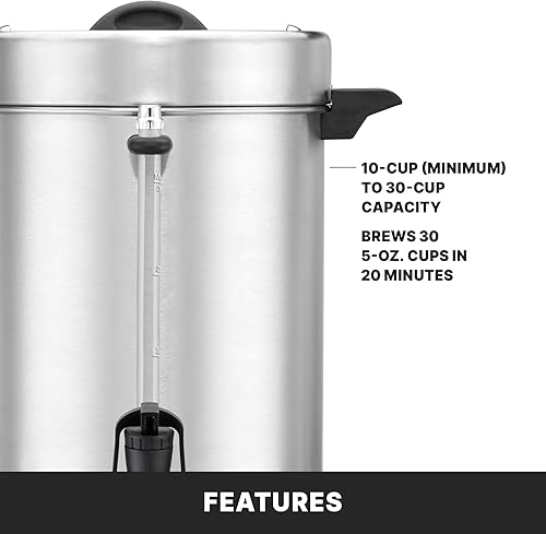 Vista 4 de Waring Urna comercial WCU30 de café, capacidad para 30 tazas, acero inoxidable, 1500 W, 120 V, enchufe de 5 a 15 fases, color plateado