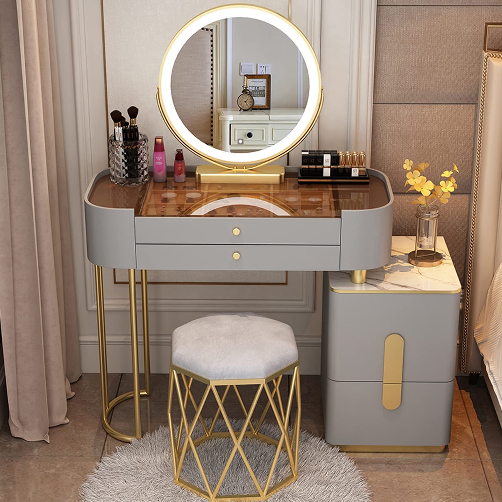 asdchZen Makeup Vanity Table Set With Led Lights & Cushioned Stool, Stylish Dressing Table With Storage Cabinet For Bedroom, Perfect Girls' Bedroom Furniture,Grey a-80cm/31.5in