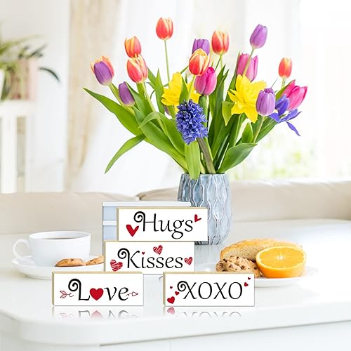 Miniatura 6 de 4 piezas de decoración para el día de San Valentín, letrero de madera de Hugs Kisses para regalo de San Valentín, centro de mesa de mesa, estante de