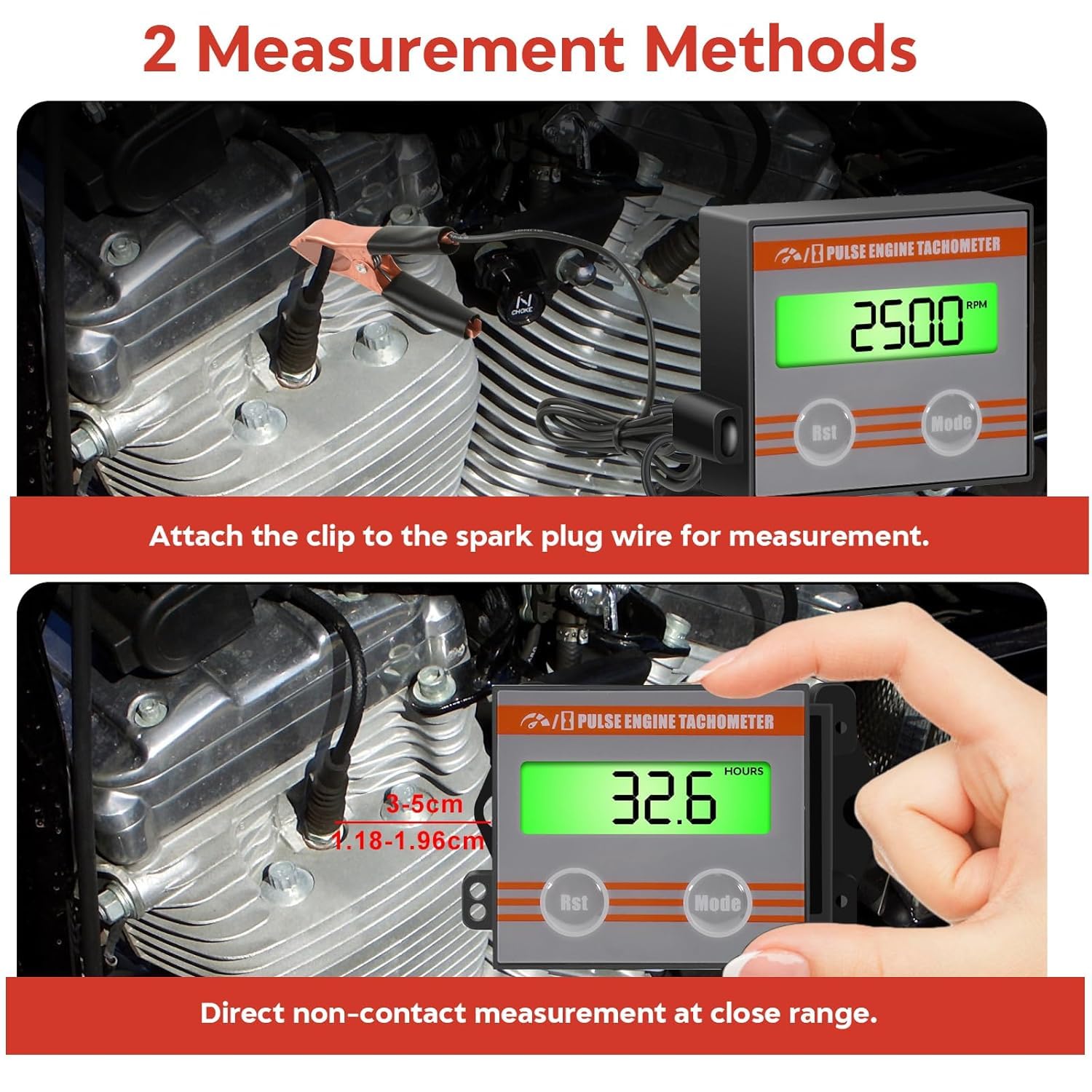 Digital Engine Tachometer Inductive with Clip - Mini Tach Gauge with Hour Meter & Backlight, Multi-Purpose Engine Meter for Lawnmower,Compressors, Generators, Off-Road Cars