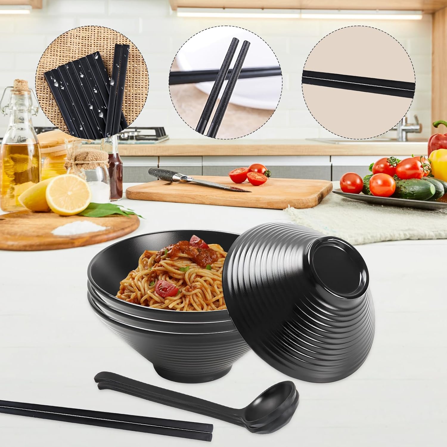 Zestaw 2 dużych japońskich misek ramenowych z pałeczkami i łyżką 1000 ml, miski na makaron i ramen z melaminy, zestaw ceramicznych misek ramenowych do Udon, sałatki, zupy Pho (1000 ml)