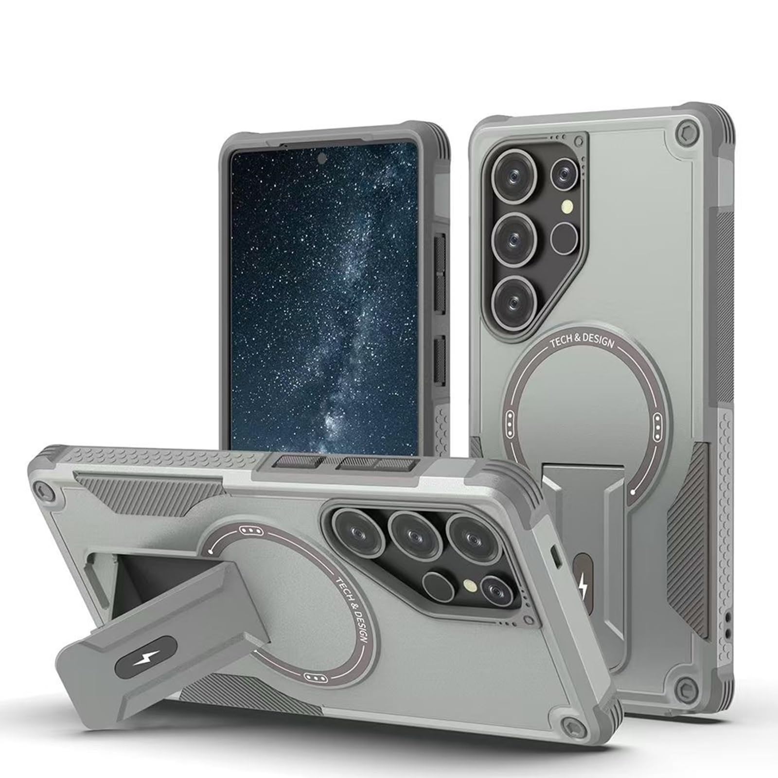 Magnetyczne etui do Samsung Galaxy S25 Ultra/S25 Plus/S25, etui ochronne z folią ochronną na wyświetlacz, podstawką (szare, S25)