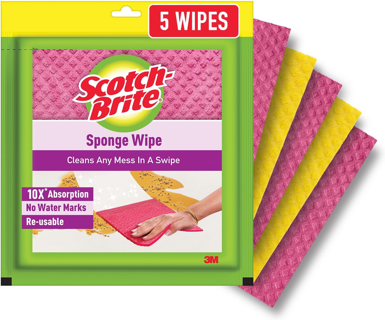 Scotch-Brite Sponge Wipes- Reusable, Kitchen and House Cleaning- Easy to use, Cleans any mess in a swipe, Absorbs water its own 10x weight, Multi- color, Biodegradable (pack of 5)