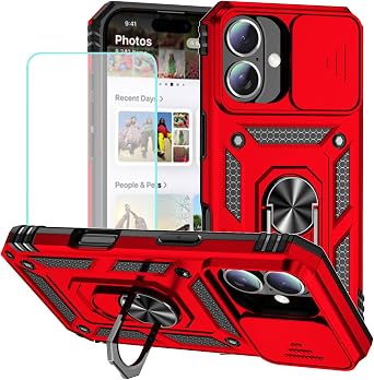 Case for iPhone 16 Case, Apple 16 Case with Tempered Glass Screen Protector and Slide Camera Cover, 360 Rotate Ring Stand Magnetic Cover for iPhone 16 Red