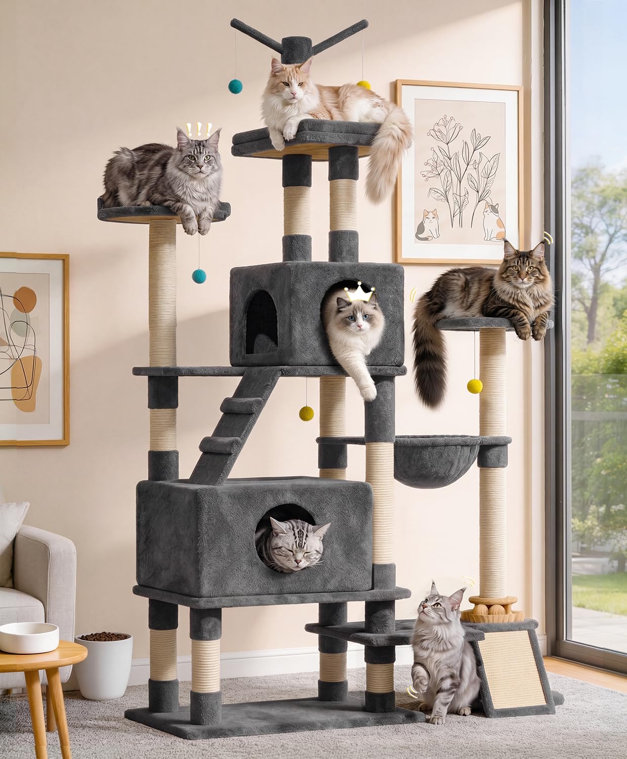 Catlike【Rock-Solid】 76“ Tall Cat Tree for Large Cats, No Wobble Even at the Top, Extra-Large Condos for Maine Coons & Big Cats, Indoor Cat Tower with Scratching Posts, Perches & Hammmock
