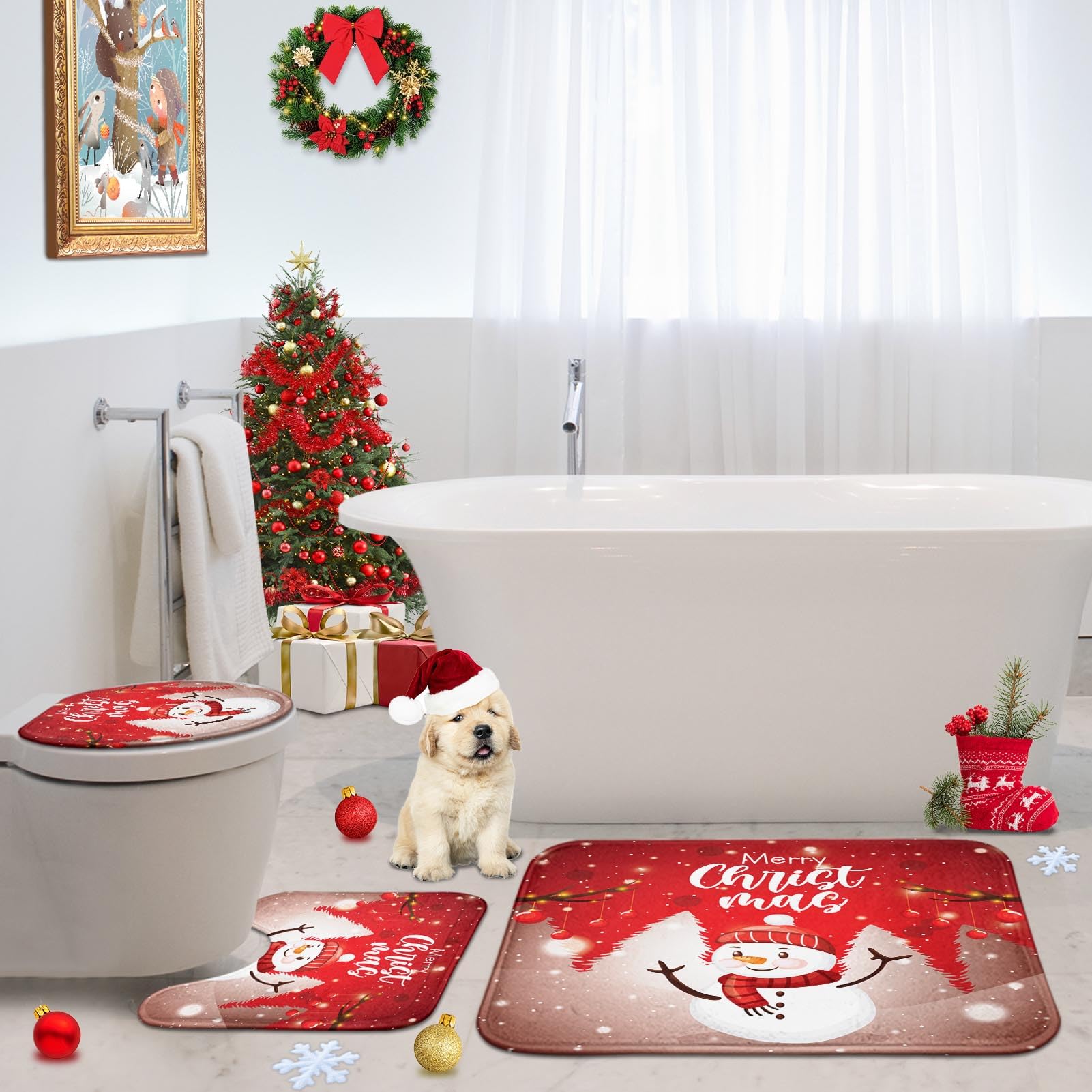 ArtSocket Lot de 3 tapis de salle de bain de Noël antidérapants en mousse à mémoire de forme, en microfibre absorbant - Motif bonhomme de neige - Lavable en machine