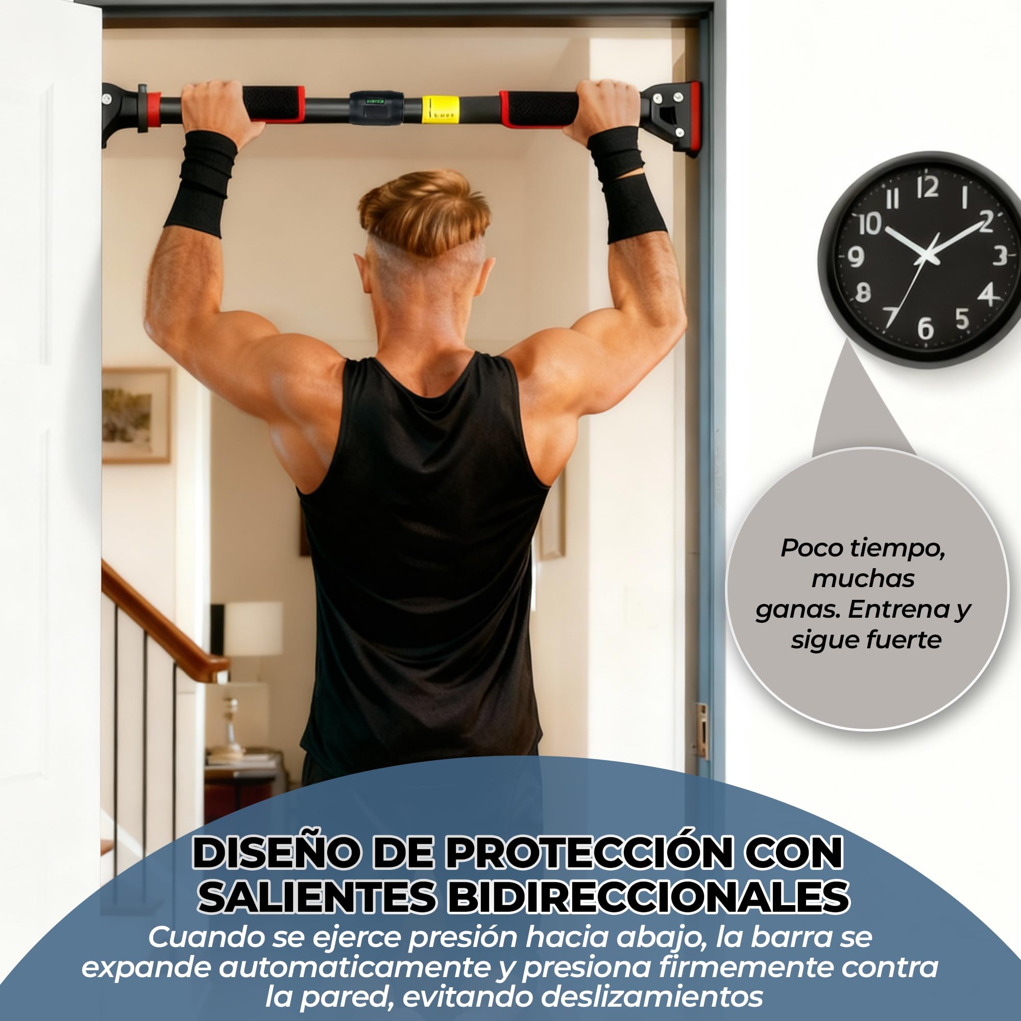 Kit Gimnasio: Barra Dominadas para Puerta y Pared (72-110cm) - Instalación Sin Tornillos con Nivelador + 5 Bandas Musculación con agarres, Bandas Elásticas y Bolsa - Carga 200kg
