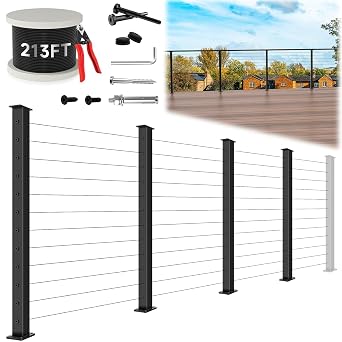 12ft-16ft Modular Cable Railing Post Kit 42" T304 Stainless Steel 4 Level Post Kit, Surface Mount Black Cable Railing System for Decks Length Adjustable Easy DIY, 213ft 1/8" WireNo Handrail