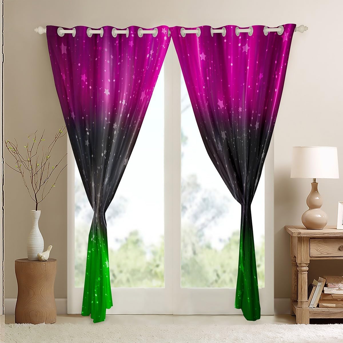 Erosebridal Hot Pink Green Gradient Curtains Black Grey Ombre Blackout Curtains, Aesthetic Neon Glowing Curtains & Drapes Sparkle Stars Bedroom Curtains, Modern Abstract Art Window Treatments