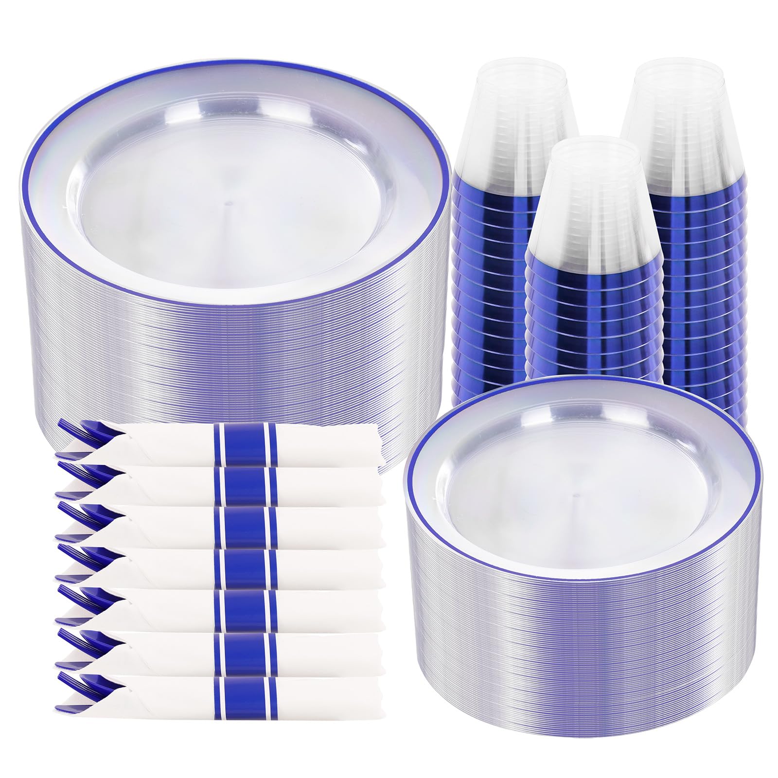 View 1 of *** MISSING PLATES***
SUT 350 Pcs Blue and Clear Plastic Dinnerware Set for 50 Guests, Include: 50 Dinner Plates, 50 Dessert Plates, 50 Pre Rolled Napkins With Silverware, 50 Cups, Disposable Plates for Party, Wedding