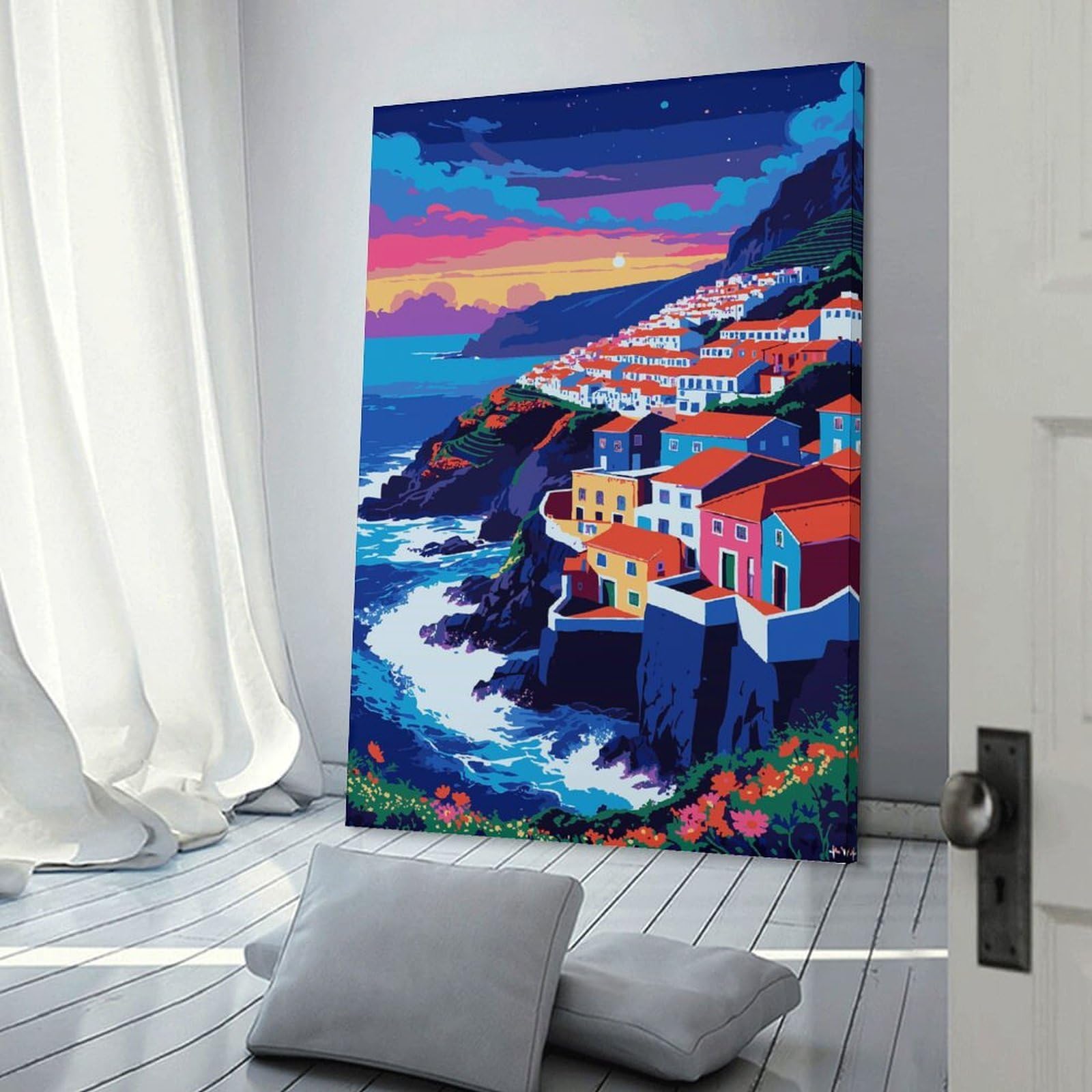 Junmoney Coastal Village at Sunset Illustration Decorative Canvas Print 08x12inch(20x30cm), for Hallway, Bedroom Or Modern Interiors, Home Decor Gift with Stylish Appeal