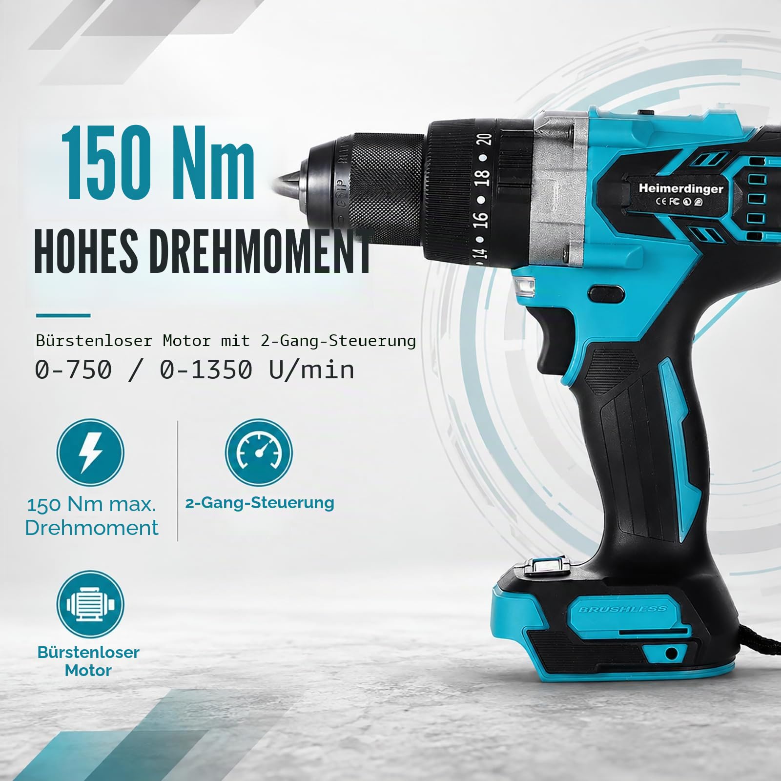 150Nm Bürstenloser Akku-Schlagbohrschrauber für Makita 18V Batterie, 13mm Zoll Bohrfutter, 2-Gang Getriebe, 21 Drehmomentstufen Elektrischer Schlagschrauber Bohrhammer