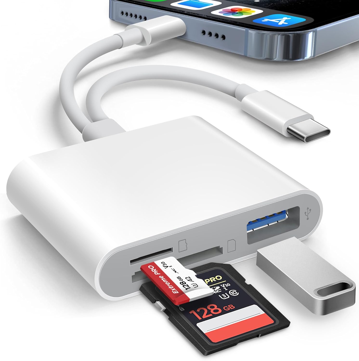 AkHolz SD Card Reader for iPhone iPad Mac Trail Game Camera Viewer Built-in 3-in-1 Connector (Lightening, USB-C and USB-A) with SD MicroSD USB-A 3 Slots, Portable No App Required Plug & Play - White
