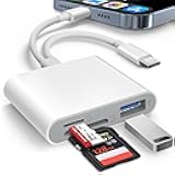 AkHolz SD Card Reader for iPhone iPad Built-in Dual Cords (Lightening, USB-C) Card Reader with SD MicroSD USB-A 3 Slots Trail Camera Memory Card Viewer Portable No App Required Plug and Play - White