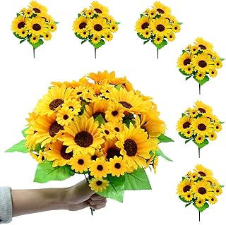 6 Pack Artificial Sunflowers Bouquet, Outdoor Artificial Flower with Stems, 60 Silk Sunflowers Heads, Fake Artificial Flowers for Outdoor Indoor Decoration, Wedding Table Home Porch Cemetery Decor