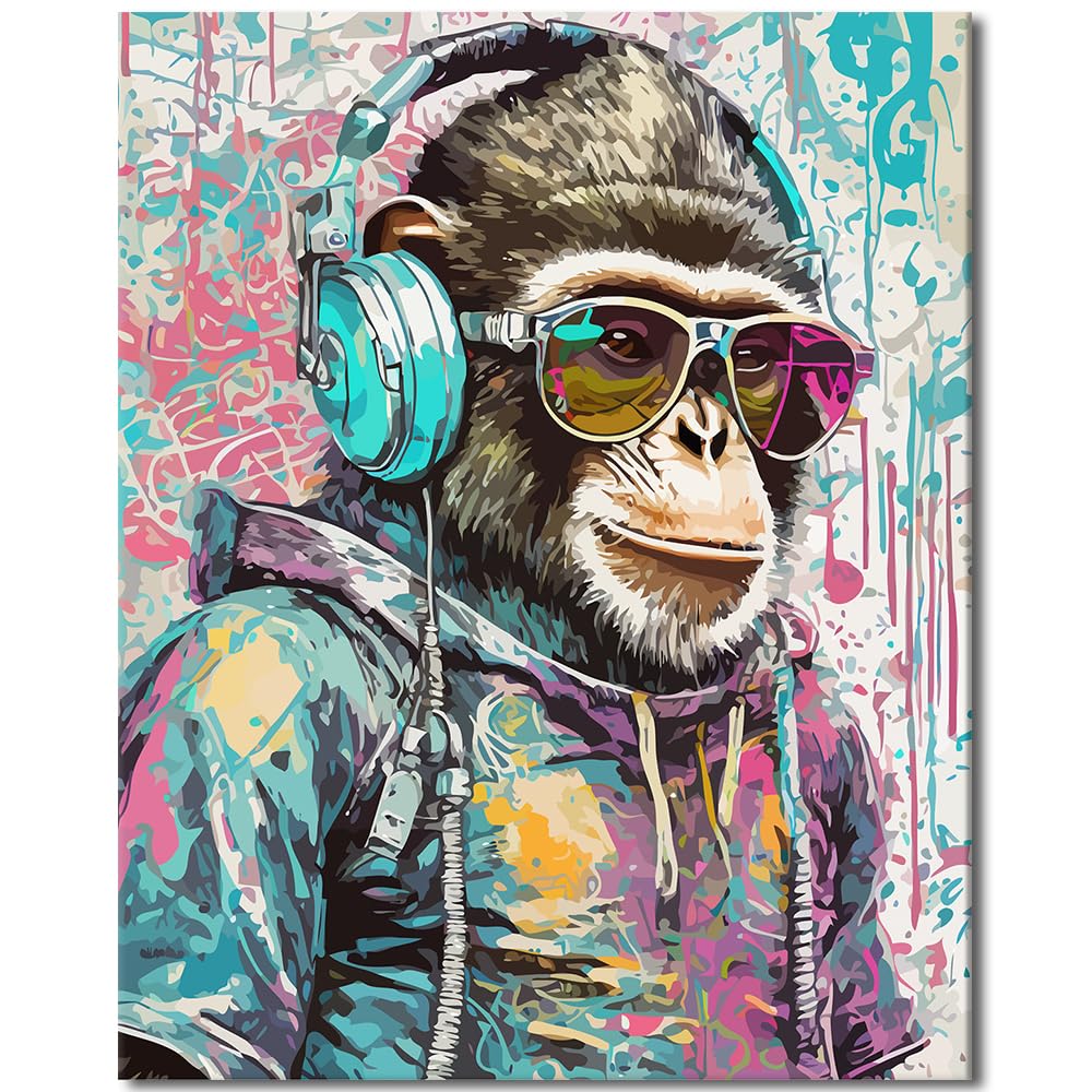 Zestaw do malowania po numerach dla dorosłych DIY, obraz olejny na płótnie, pędzle, farby akrylowe, kreskówka, graffiti, małpa, do dekoracji domu, na ścianę, muzyka i orangutan, 40 x 50 cm (bez ramki)