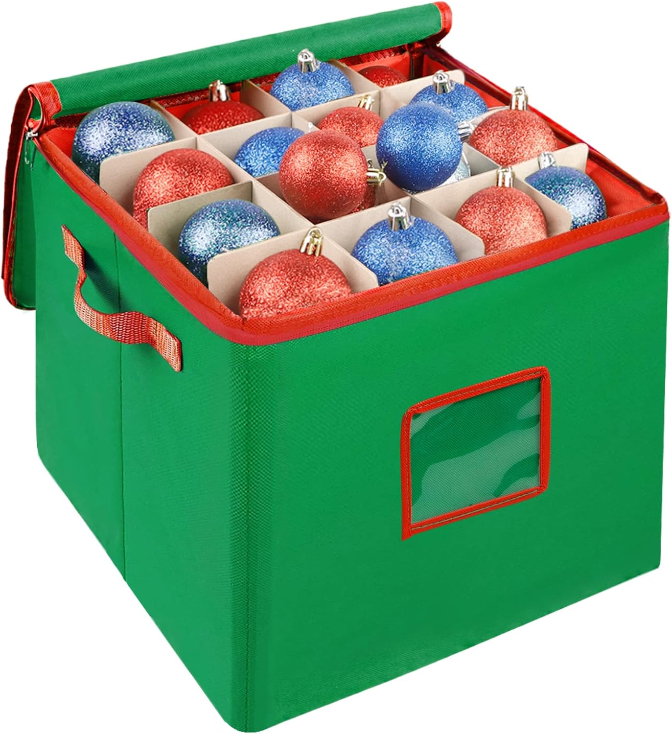Lulu Home Christmas Ornament Storage Container, 600D Oxford Fabric Christmas Balls Storage Boxes, 4 Layers Ornament Storage Boxes Stores Up to 64 Ornaments with Zippered Closure and Two Handles, Green
