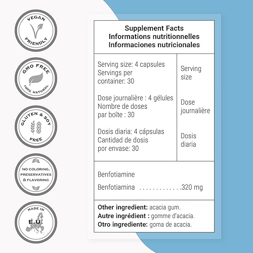 Miniatura 4 de Supersmart - Benfotiamina 80 mg - Fuente de vitamina B1 mantiene la función metabólica saludable  Sin OMG y sin gluten  120 cápsulas vegetarianas