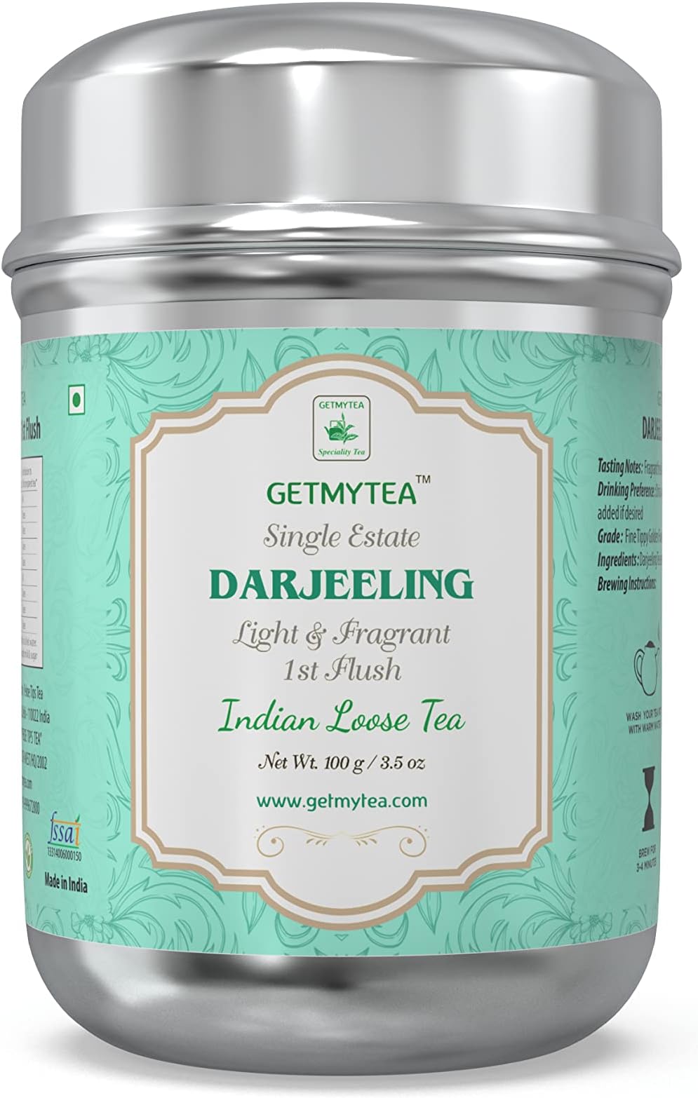 PEKOETIPS Darjeeling Tea First Flush Can | Darjeeling Long Leaf Tea | Light & Fragrant Flavor | Real Gold | Loose Leaf | Stainless Steel Jar | 100 Grams | 50 Cups