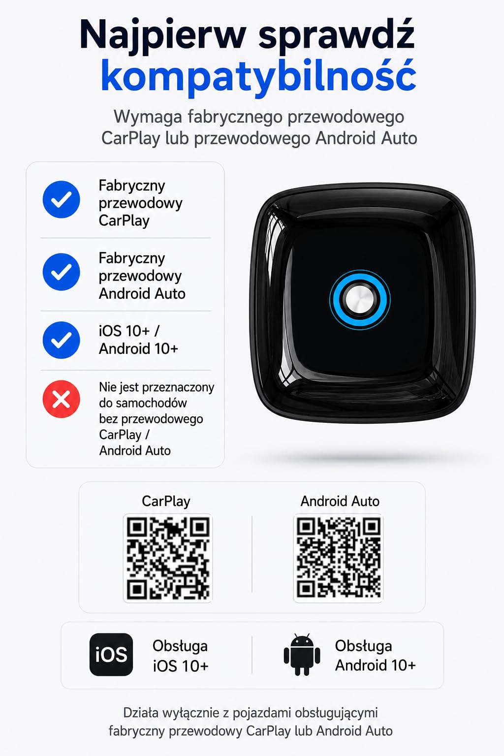 Bezprzewodowy Adapter CarPlay i Android Auto 2 w 1, pamięć dwóch telefonów, szybkie przełączanie, Plug & Play USB-A/USB-C, 5.8GHz WiFi, OTA, Czarny