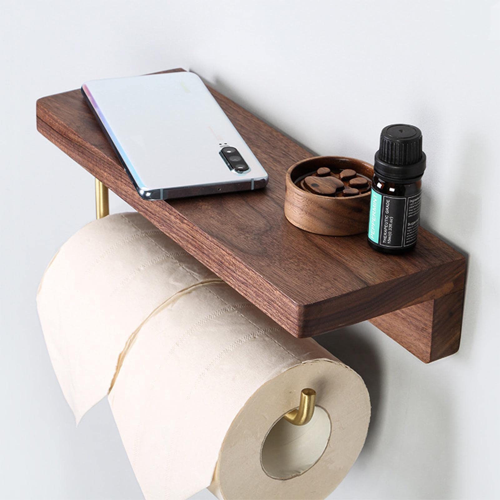Portarotolo di carta igienica – Porta carta igienica da bagno in legno senza foratura, supporto da parete per telefono cellulare, scatola (L)