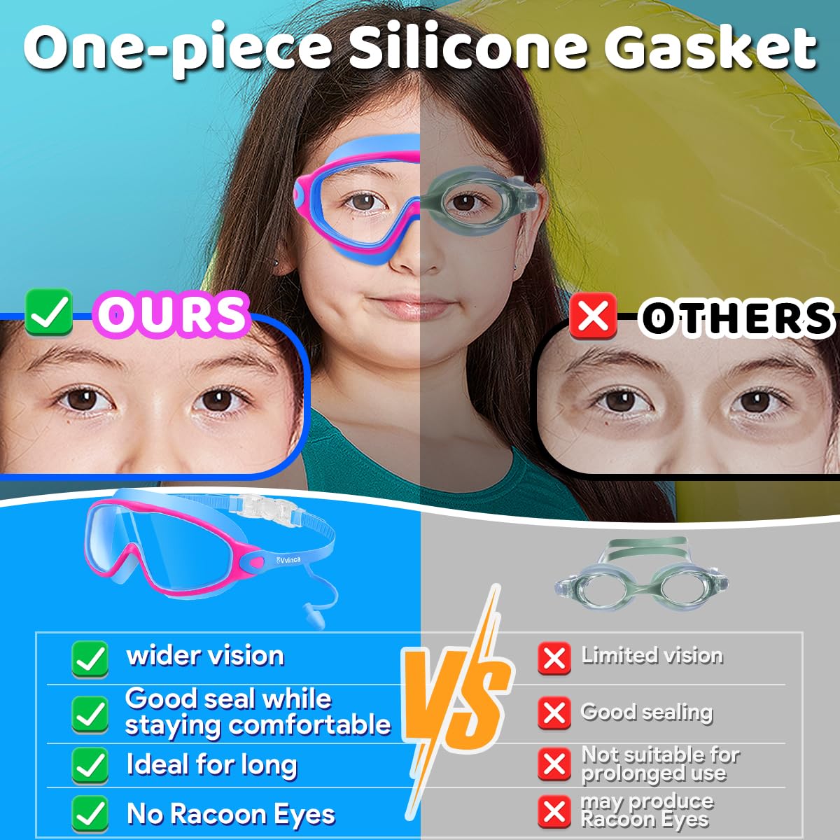 Vvinca Lunettes de natation pour enfants avec bouchons d'oreilles et pince-nez - Lunettes de natation anti-buée/UV pour garçons et filles de 3 à 15 ans