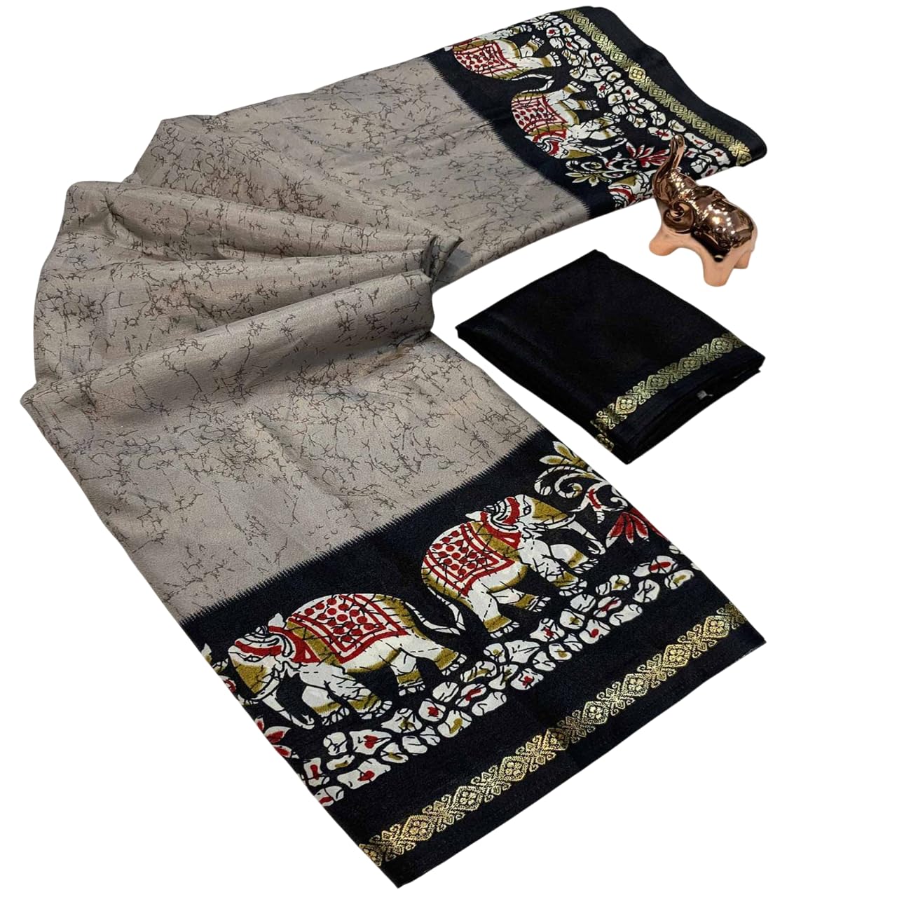 satika vastram Tussar Silk Saree Kalamkari Elephant Print Pure Soft Zari Weaving Contrast Border And Pallu Attach Blouse Piece-picture-15
