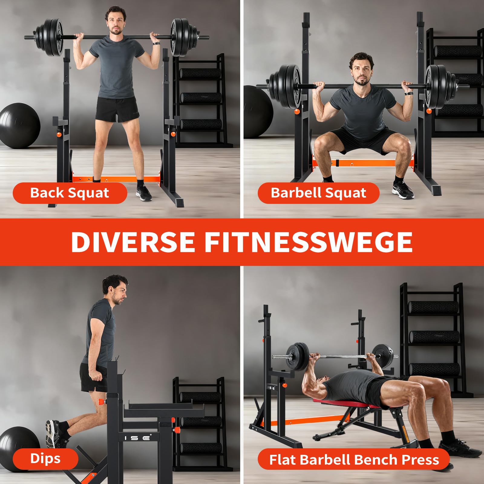 ISE Squat Rack Hantelständer, Langhantelständer, verstellbare Langhantelablage mit 7 Höhen- und Breiteverstellbar Power Rack, Multi-Funktionales Kniebeugenständer, Max. bis 200 kg Belastbar