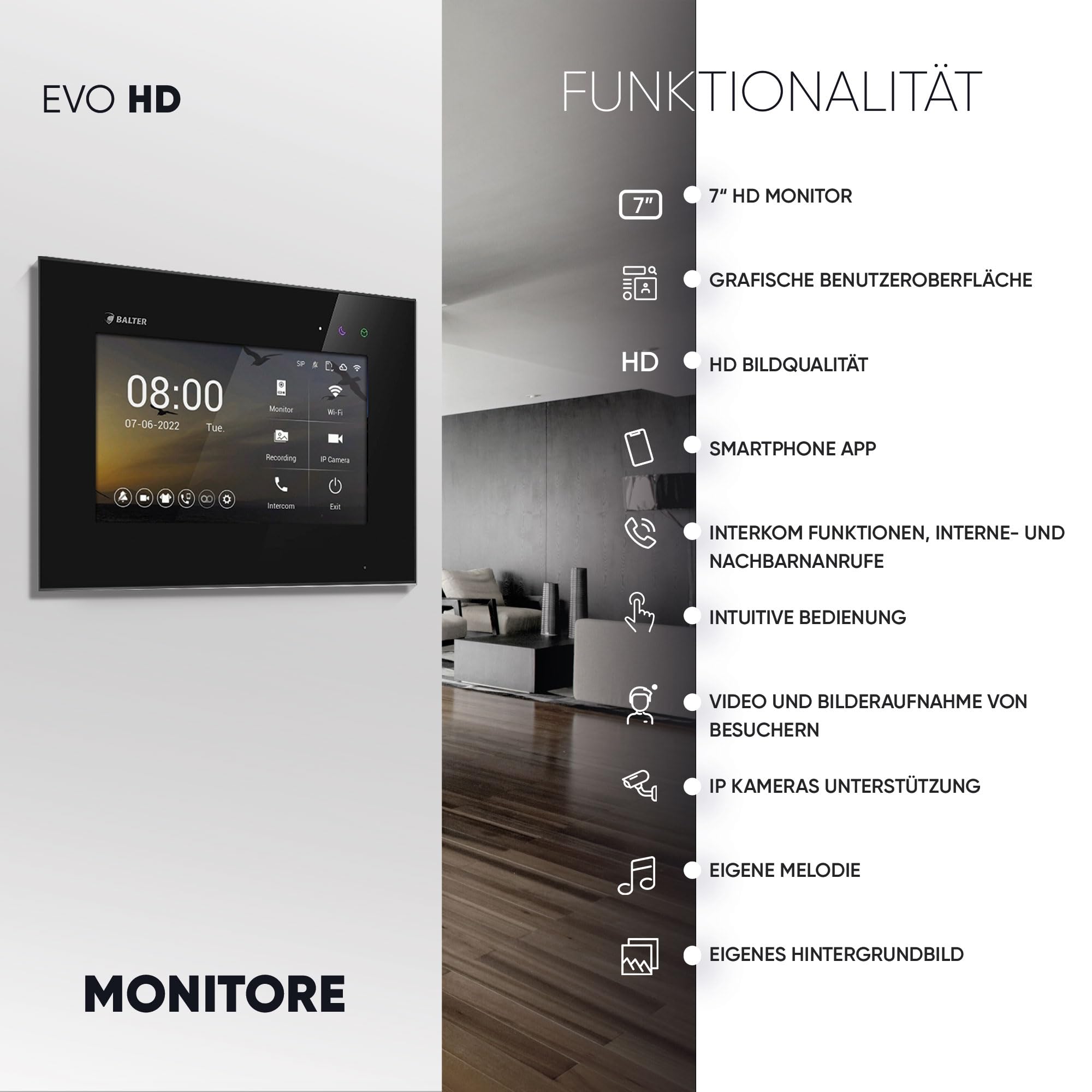 Balter EVO-HD Video Türsprechanlage mit Fingerprint, Video Türklingel, Smartphone App, 3 Familienhaus, 3X 7 Zoll Monitore, Türklingel mit Kamera Full HD, 2 Draht Bus, 175° Weitwinkel, RFID,1080P
