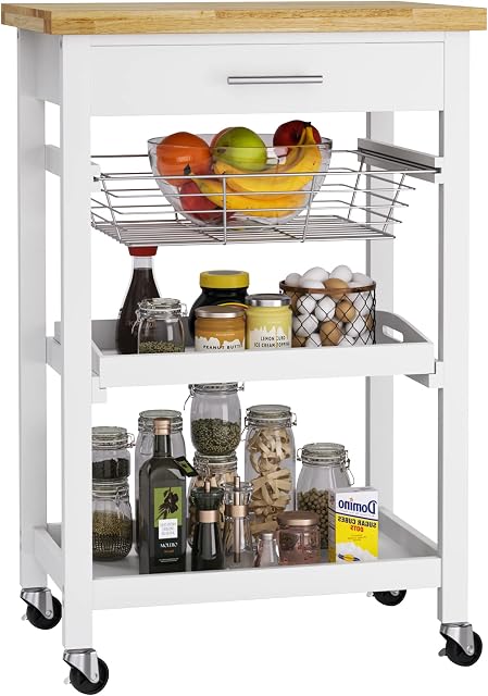 FOREHILL Kitchen Trolley with Worktop and Storage Rolling Utility Cart Kitchen Island on Wheels with Drawer, Mesh Basket, Tray 58x40x88.5cm