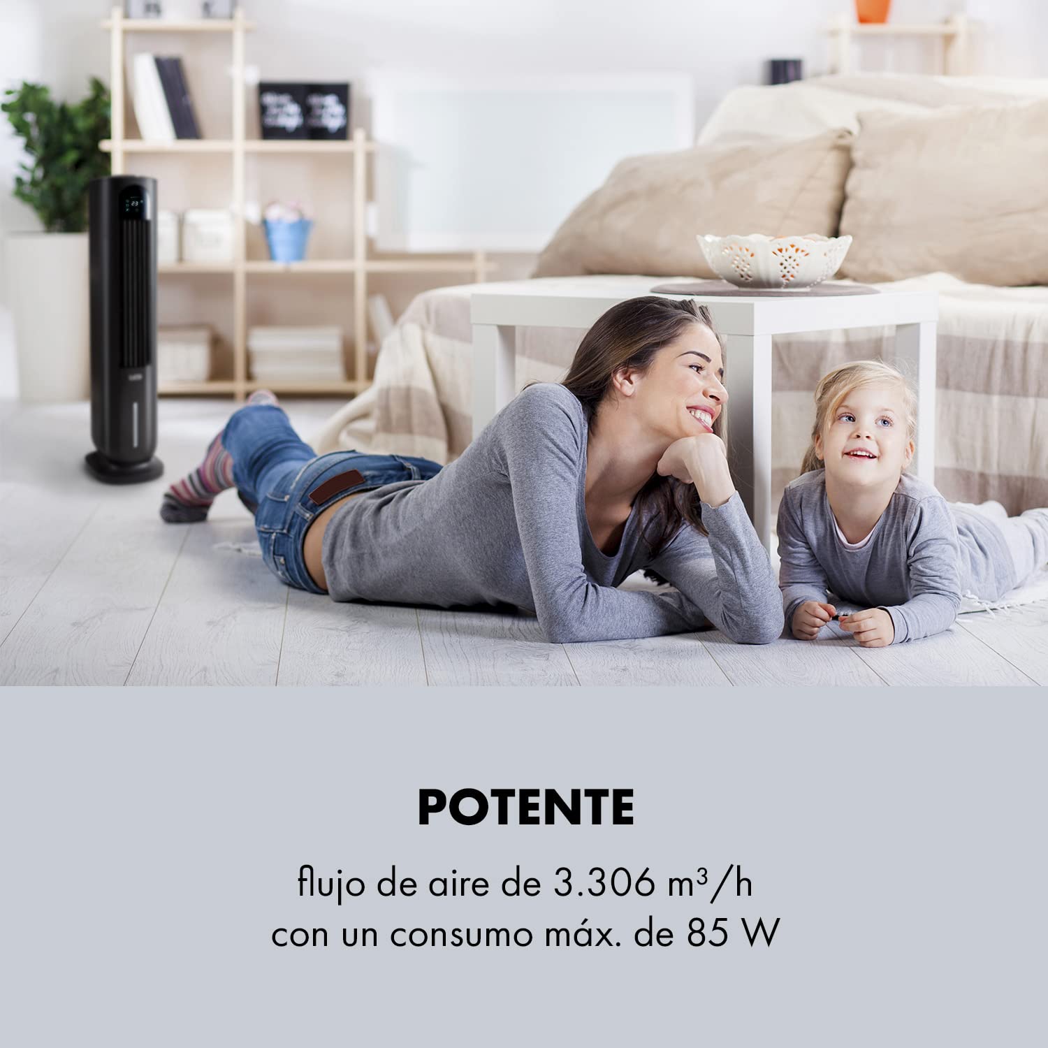 Klarstein Polar Tower Smart Climatizador Evaporativo – 4 en 1: Ventilador, Humidificador & Purificador, Control App & Alexa, Depósito 7L, 3.306 m³/h, Modo Noche, Portátil con Ruedas, Negro