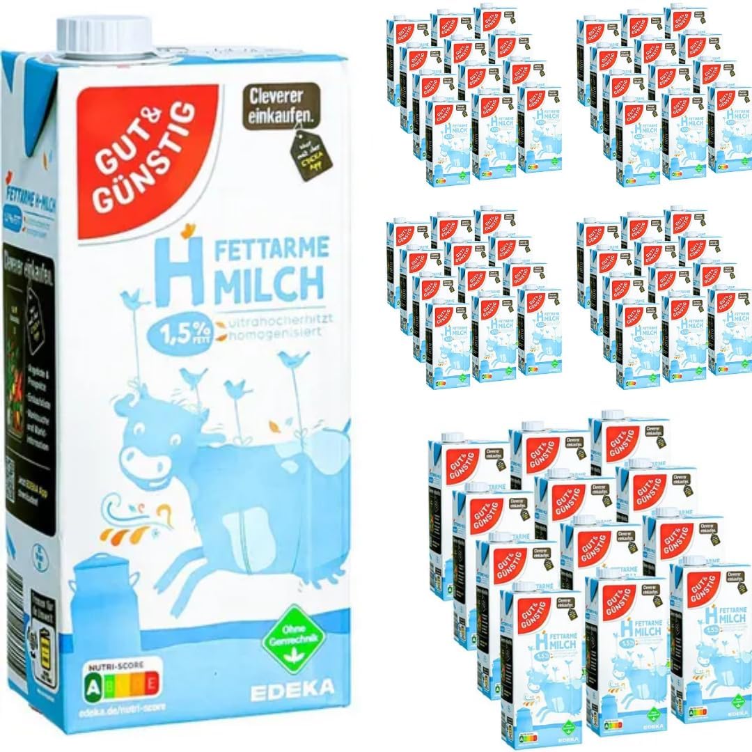 Milch Gut&Günstig fettarme H-Milch 1,5% Fett Haltbare Milch, je 1 Liter, 60 Stück mit Pufai Grocery