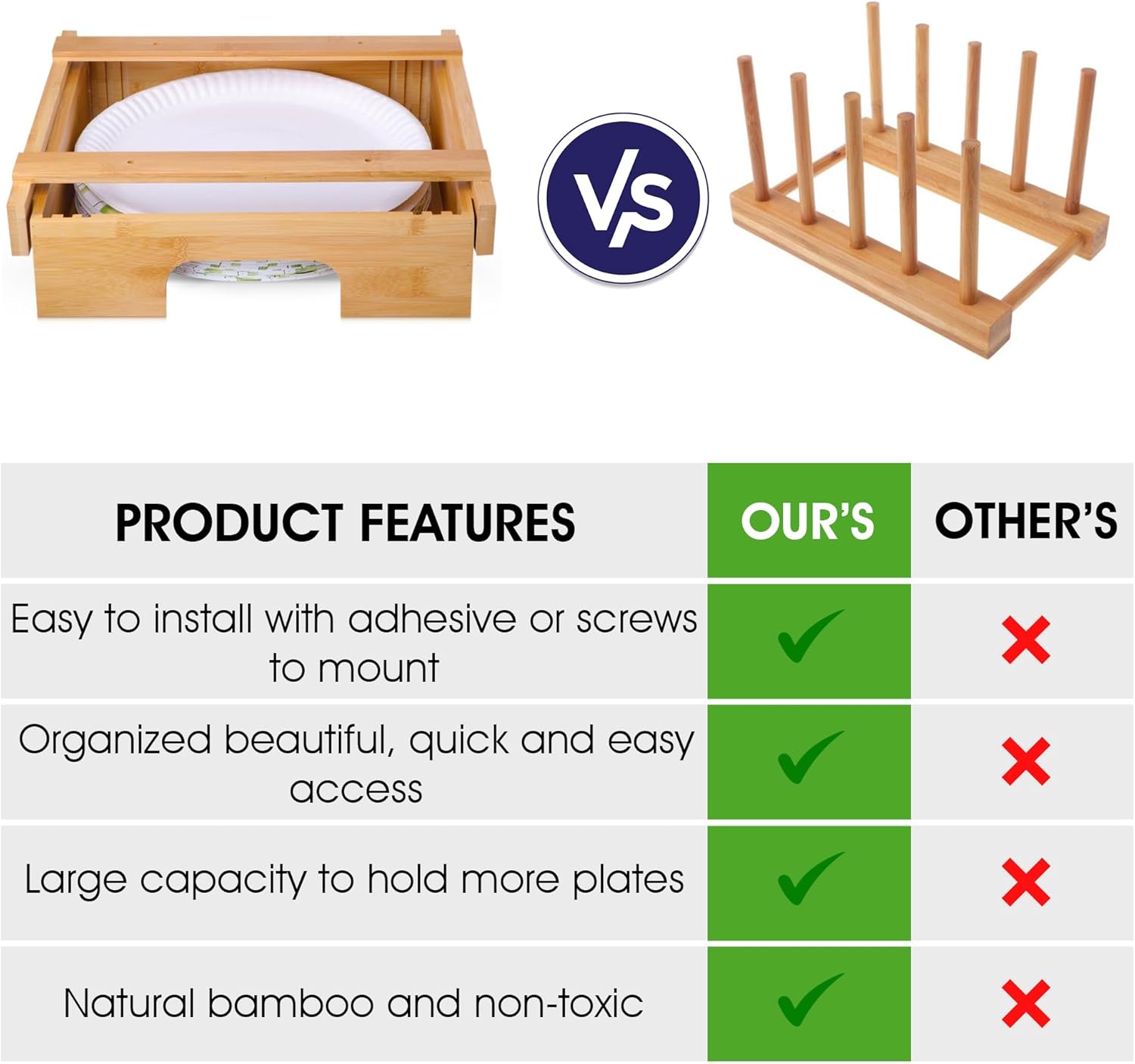 Paper Plate Dispenser - Under Cabinet Paper Plate Holder - Bamboo