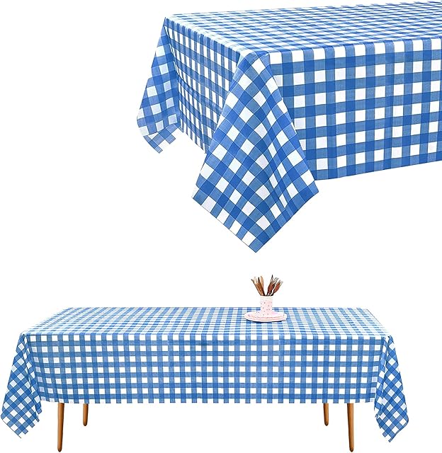 Bailinks Party Tablecloths,2 Pack Disposable Table Covers,137*274cm Plastic Rectangular Table Cloth for Birthday Party,Picnic,Halloween, Christmas Party DecorationsBlue and White Checkered