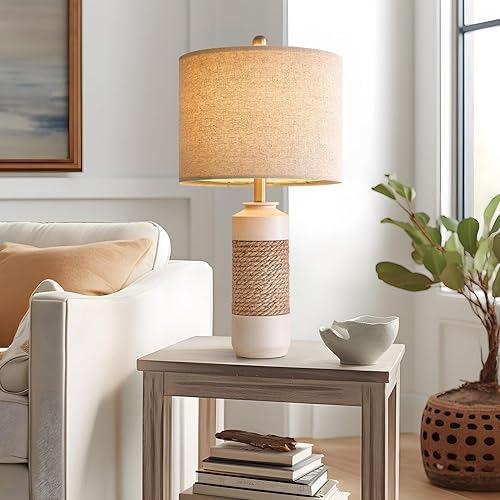 Miniatura 3 de OYEARS Juego de 2 lámparas de mesa de noche de 23.75 pulgadas para dormir y leer, lámpara de mesa vintage de ratán de granja, lámpara de resina