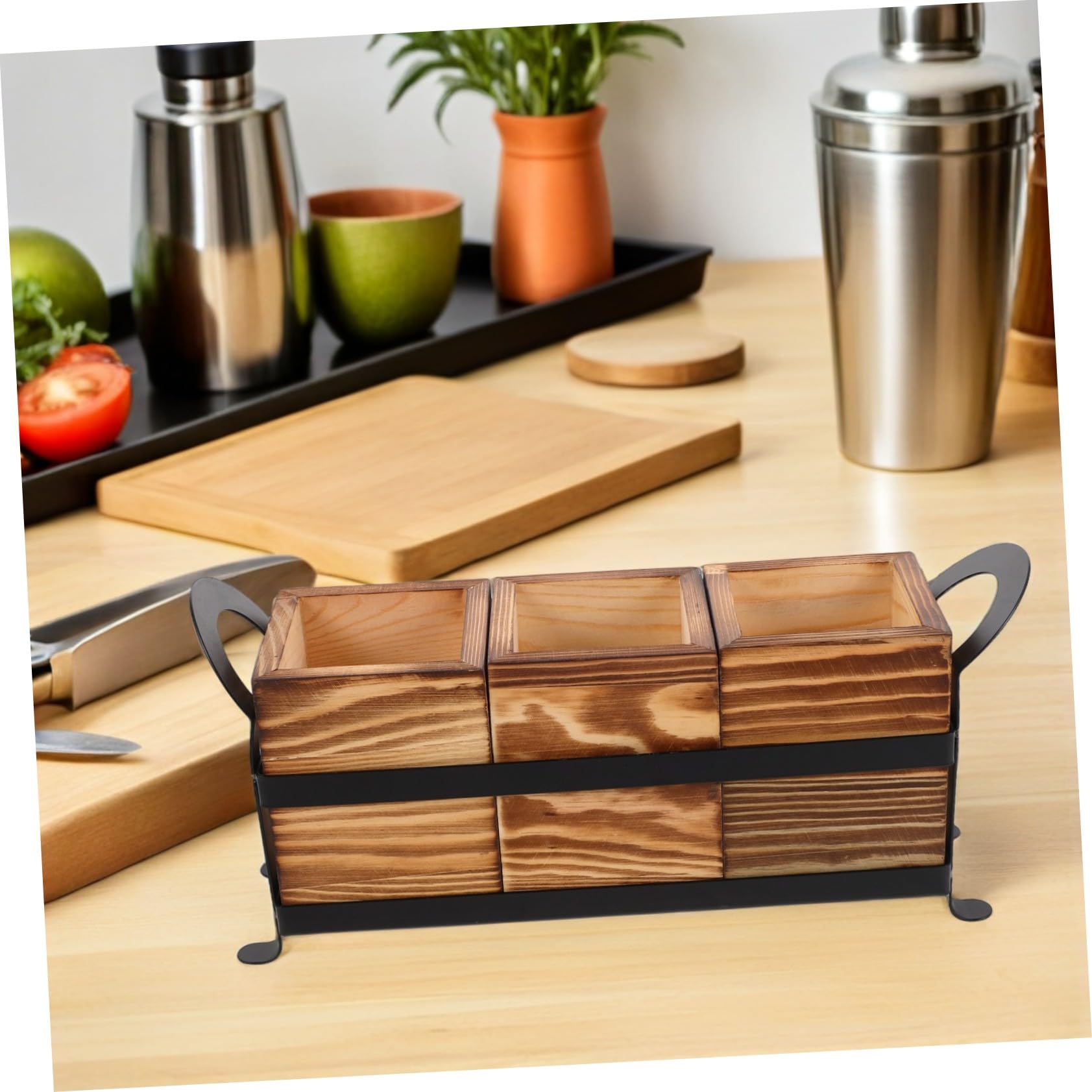 Alipis Porte-ustensiles Bois Massif avec Compartiments Organisateur de Couverts et Pinceaux de Maquillage pour Comptoir de Cuisine Support Rustique pour Cuillères Fourchettes et
