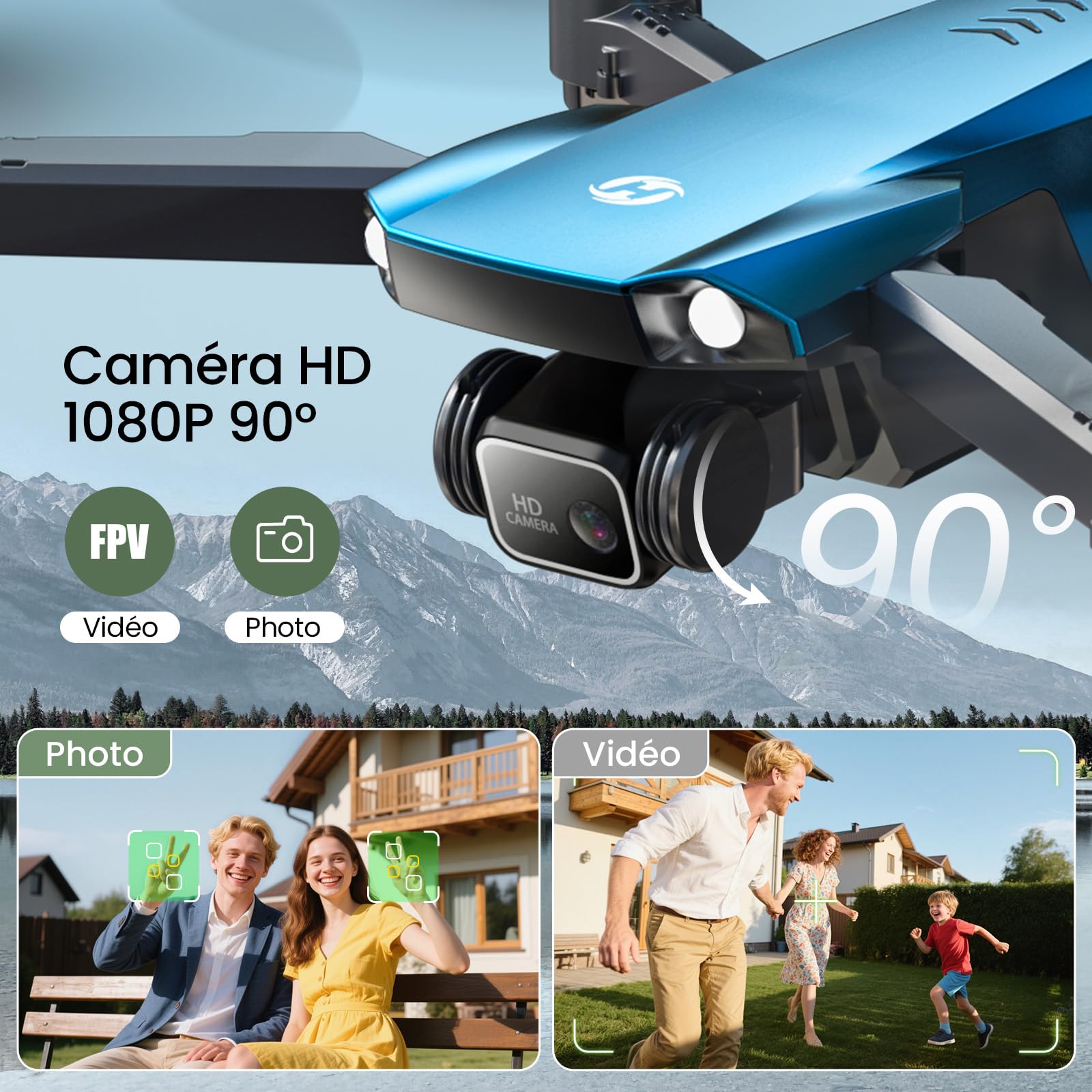 Holy Stone HS290 Dron Plegable con Cámara HD 1080P para Principiantes, Cuadricóptero RC con Flujo óptico, Control por app, Tap Fly, 3 Modos de Velocidad, 2 Baterías, Regalo para Niños y Niñas, Azul