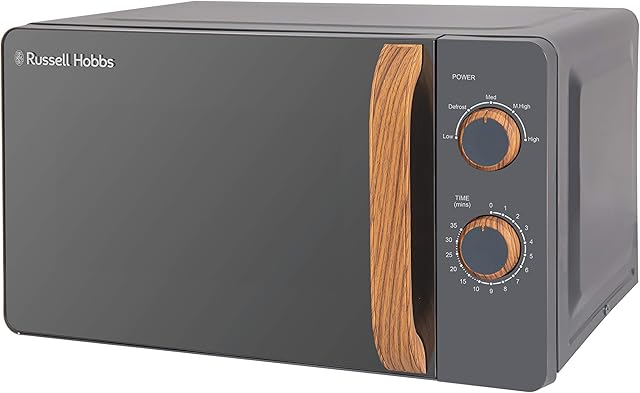 Russell Hobbs RHMM713G 17 L 700 W Scandi Compact Grey Manual Microwave with 5 Power Levels, Wood Effect Handle & Dials, Timer, Defrost Setting, Easy Clean