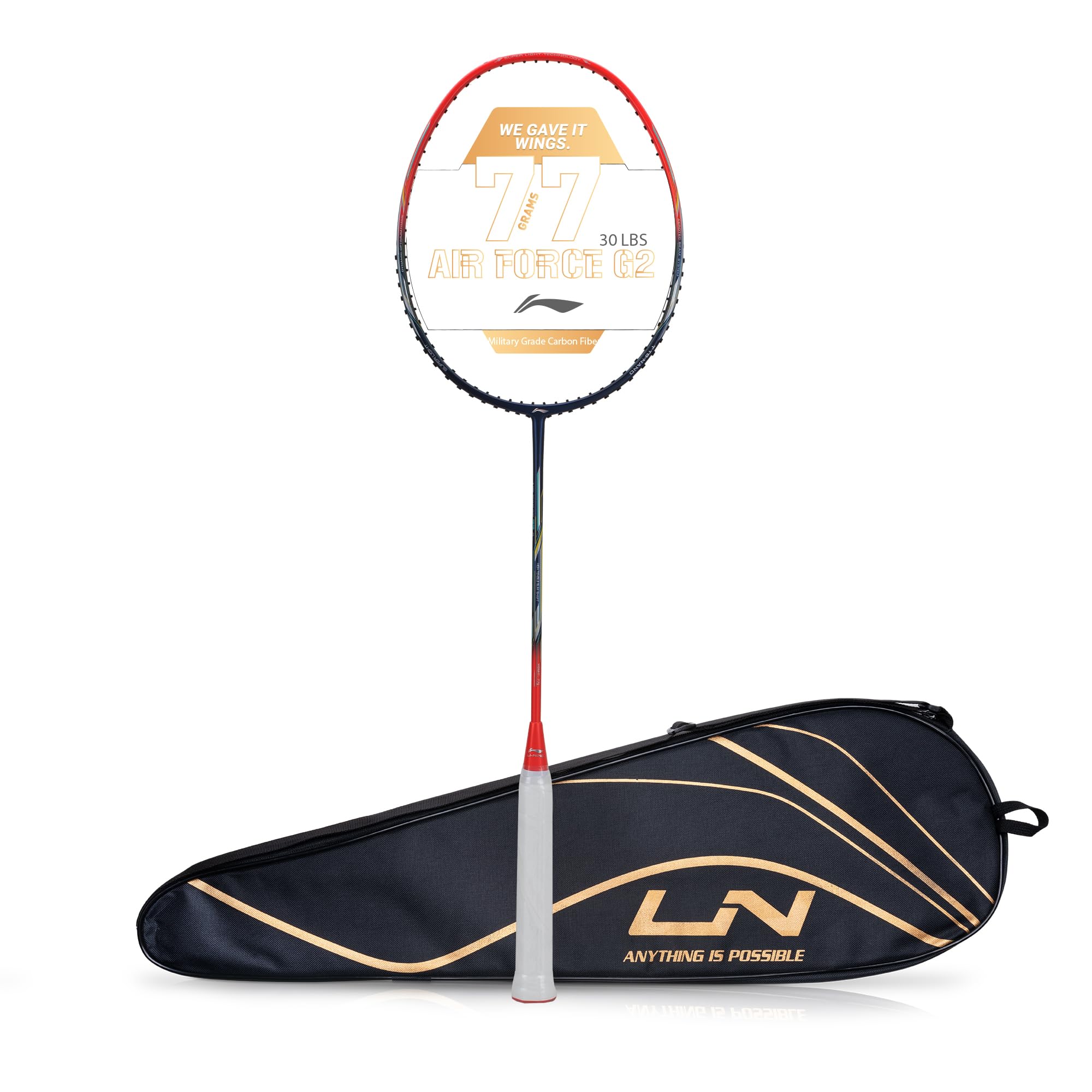 Li-Ning Air Force 77 G2 Carbon Fibre Unstrung Badminton Racket with Full Cover, NAVY/RED