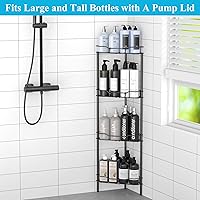 Vista 4 de 4 Tier Floor Standing Corner Shower Caddy Organizer Shelf with Hooks, Bathroom Shelves Stand Rack, Black