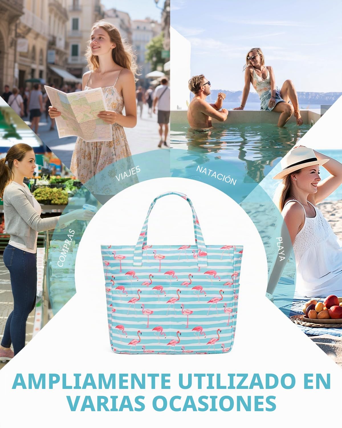KABAQOO Bolsa de Playa XXL Familiar con Cremallera y Compartimento Impermeable, Bolsa Piscina Mujer Bolso de Mano Shopper Grande Plegable y Ligero para Viajes y Natación, Flamenco verde y blanco