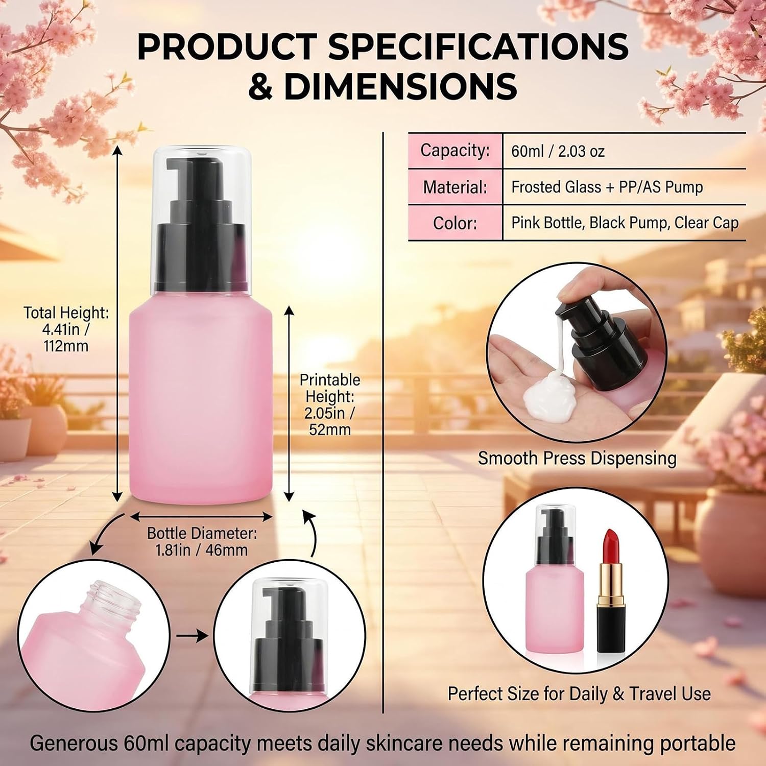 1PCS Refillable Glass Lotion Dispenser Bottle, 60ml/2oz Frosted Pink Travel Pump Bottle for Toiletries, Leak Proof Cosmetic Container for Shampoo Body Wash